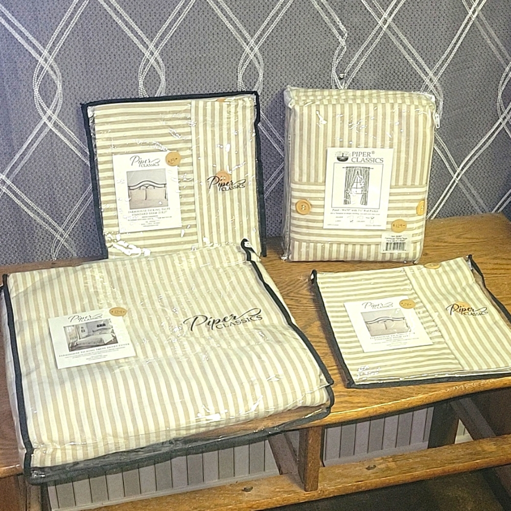 New Piper Classics FARMHOUSE TICKING Taupe Queen Duvet Set & Curtain Panels